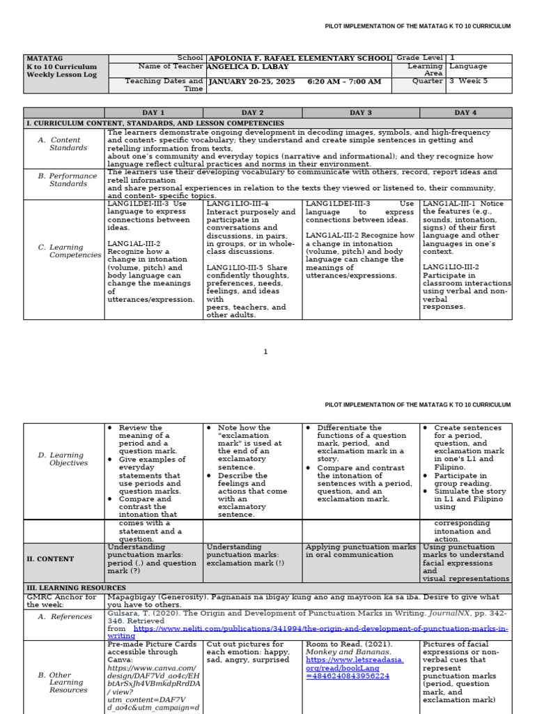 Matatag K to 10 Curriculum Pilot Log | PDF | Question | Curriculum