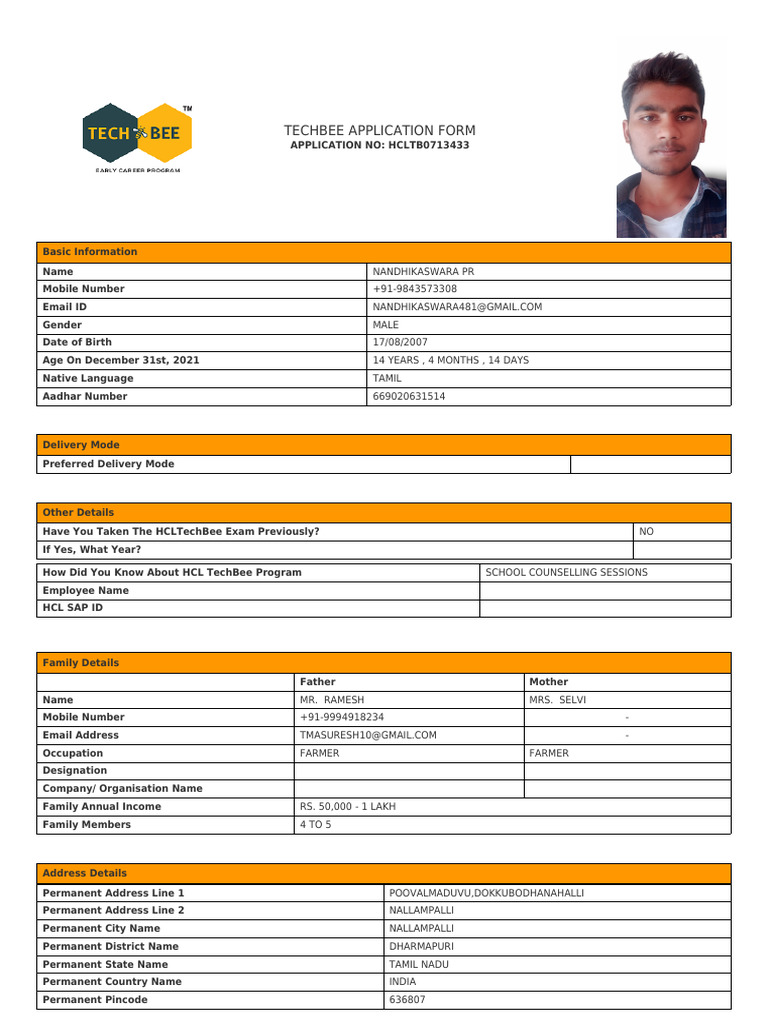 HCL TechBee Application Form Details | PDF