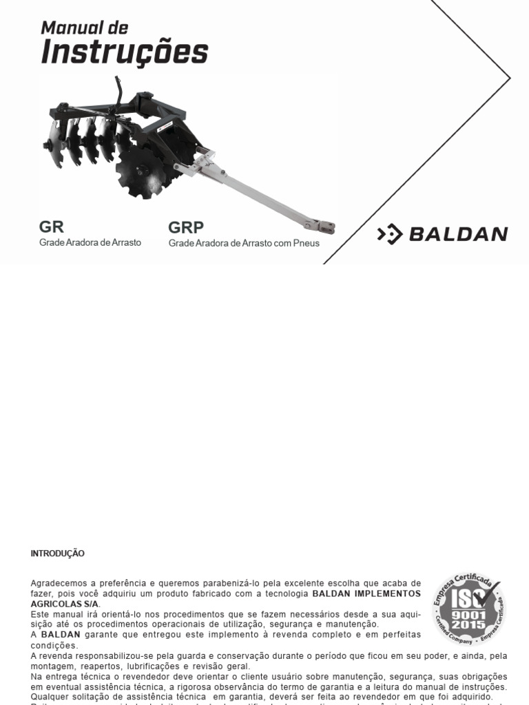 Manual de Instruções da Grade Aradora GR/GRP | PDF | Trator | Pneu