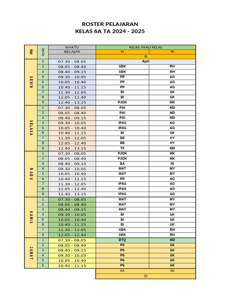 Roster Pelajaran Kelas 6A dan 2C 2024-2025 | PDF