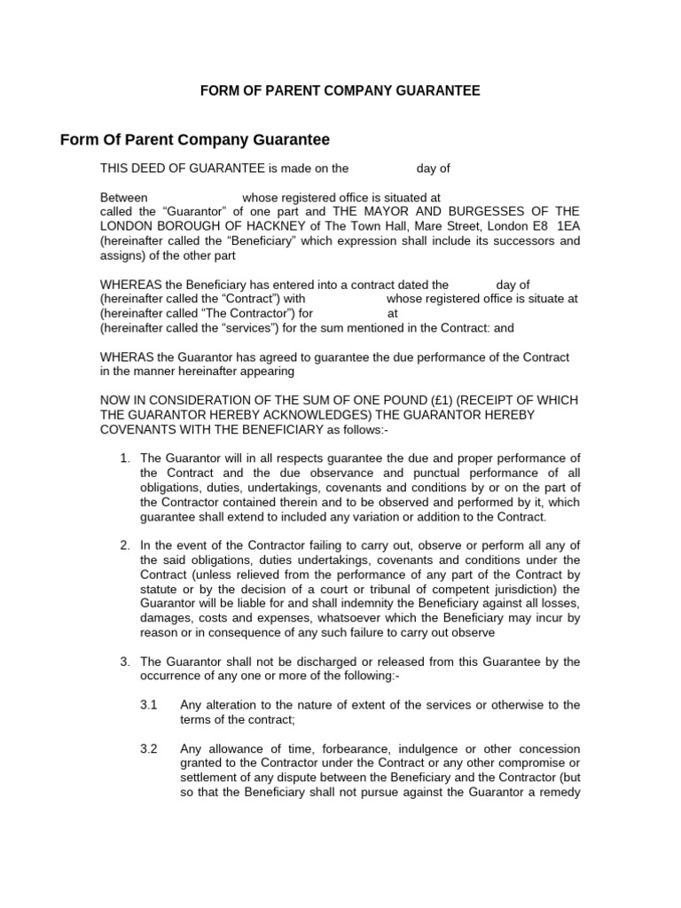 Parent Company Guarantee Template | PDF | Guarantee | Surety