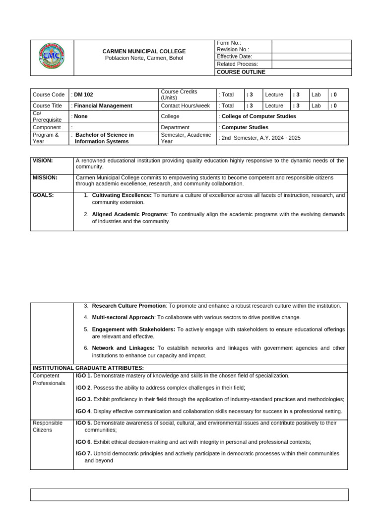 Financial Management Course Outline | PDF | System | Accounting