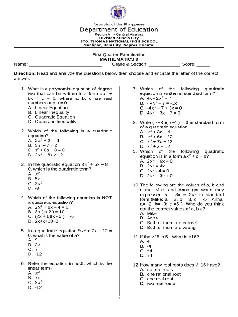 First-Quarter-Examination G9 Math | PDF | Quadratic Equation | Equations