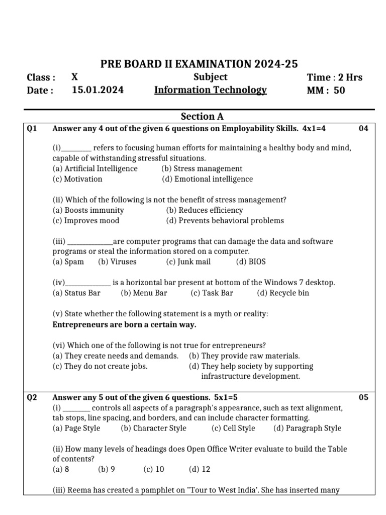 X Pre Board - II 2024-25 | PDF | Sql | Databases