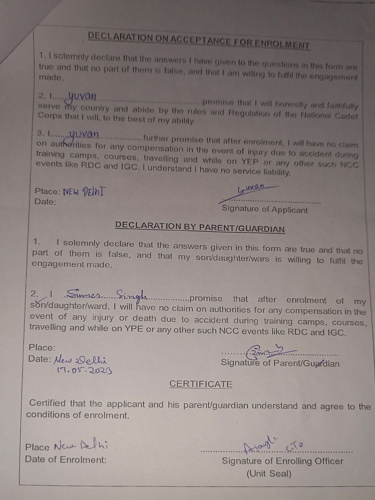 NCC Enrolment Declaration Form | PDF | Military Education And Training