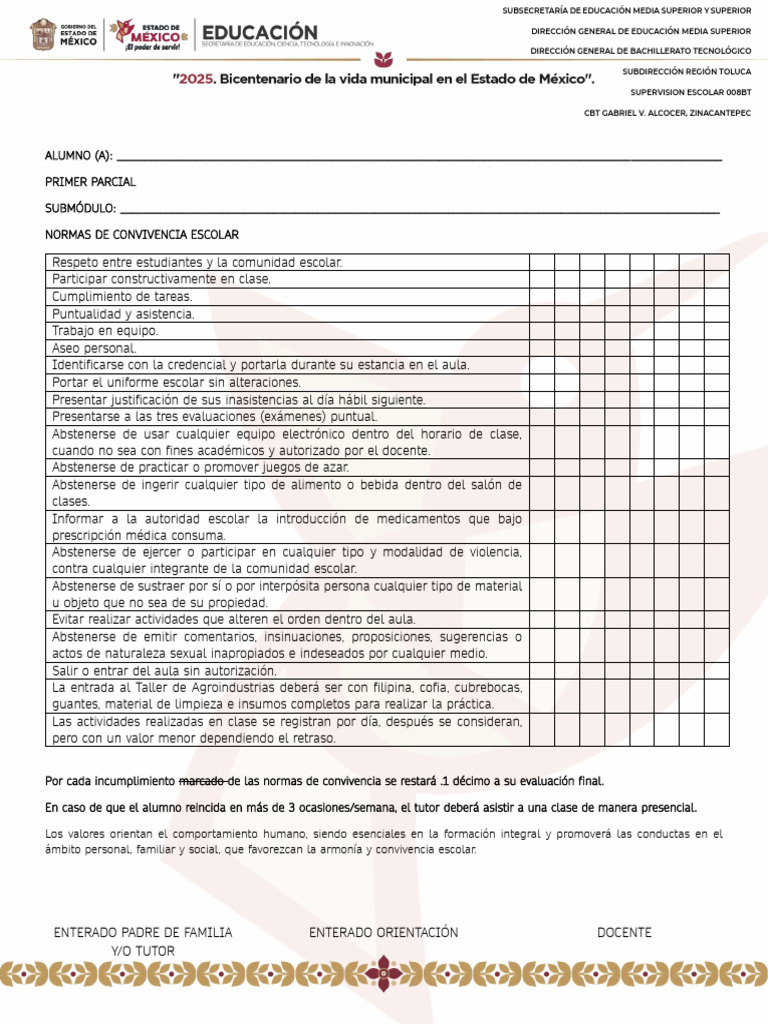 Normas de Convivencia Escolar y Evaluación | PDF