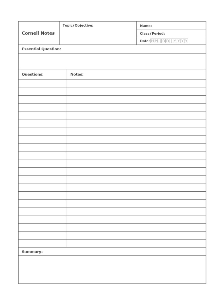 Cornell Notes Template for Students | PDF