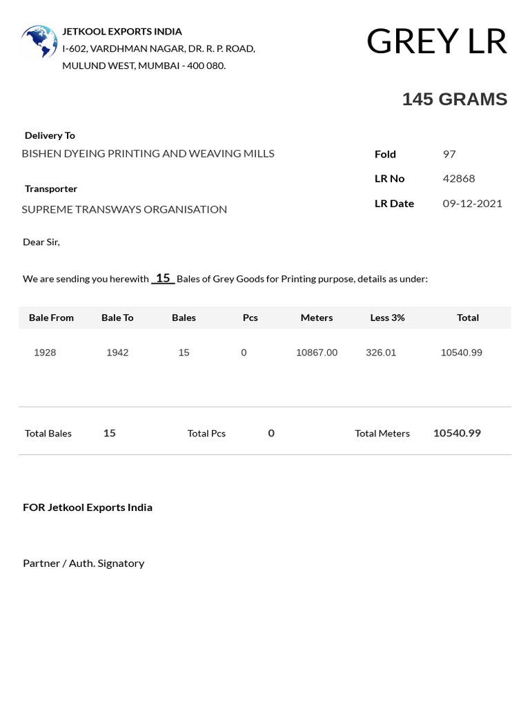 Jetkool Exports India Grey Goods Shipment | PDF