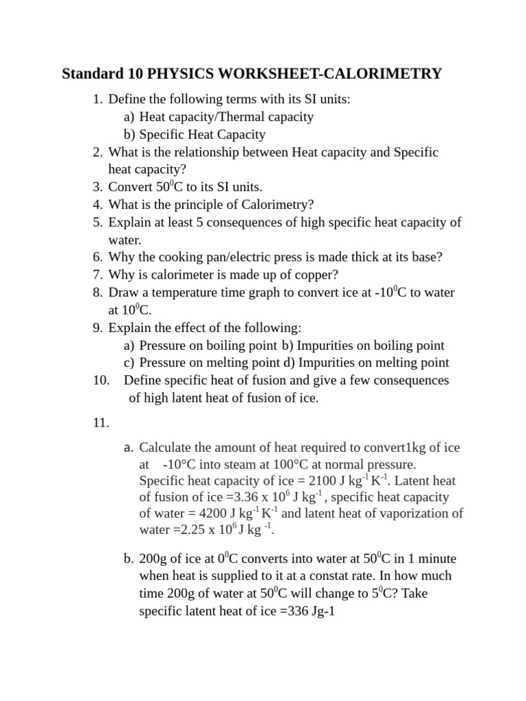 Caorimetry-Standard 10 PHYSICSWORKSHEET | PDF
