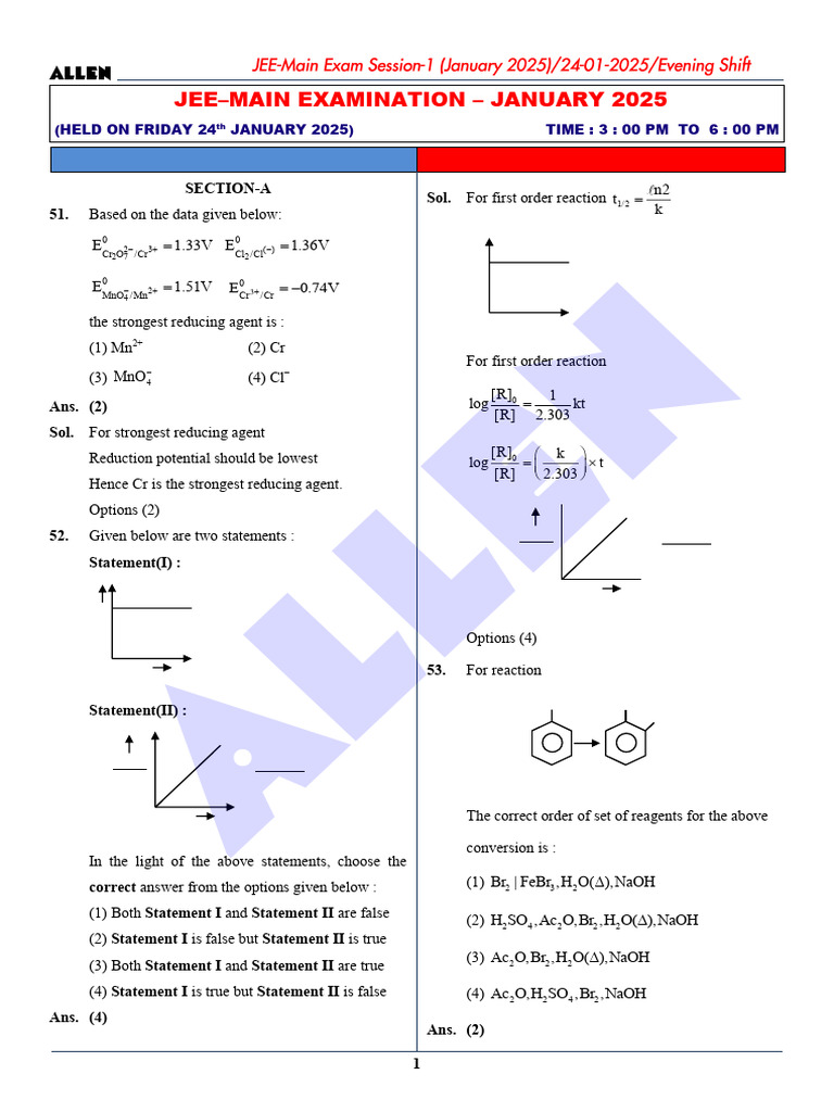 JEE Main 2025 Chemistry Test Solutions | PDF | Chemical Bond | Mole (Unit)