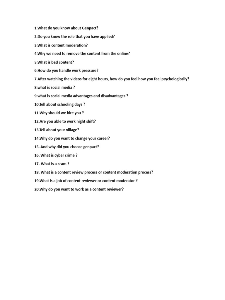Genpact Content Moderator Interview Guide | PDF