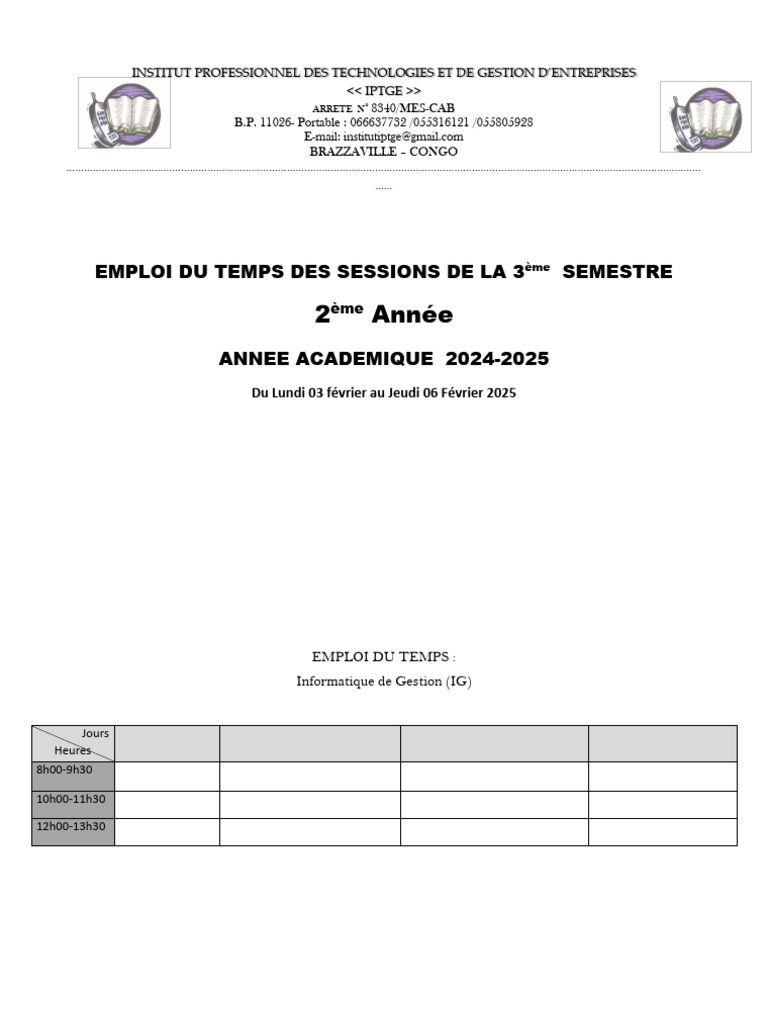 Emploi du Temps 3ème Semestre 2024-2025 | PDF | Béton | Business