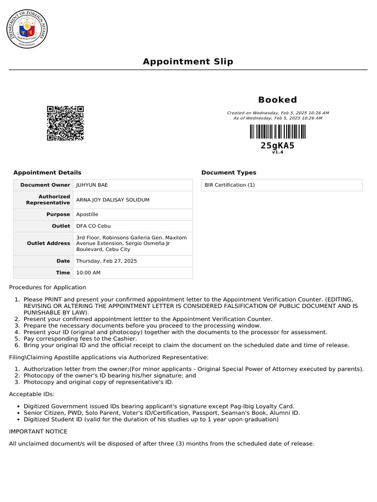 Apostille Appointment Slip for DFA Cebu | PDF | Identity Document ...