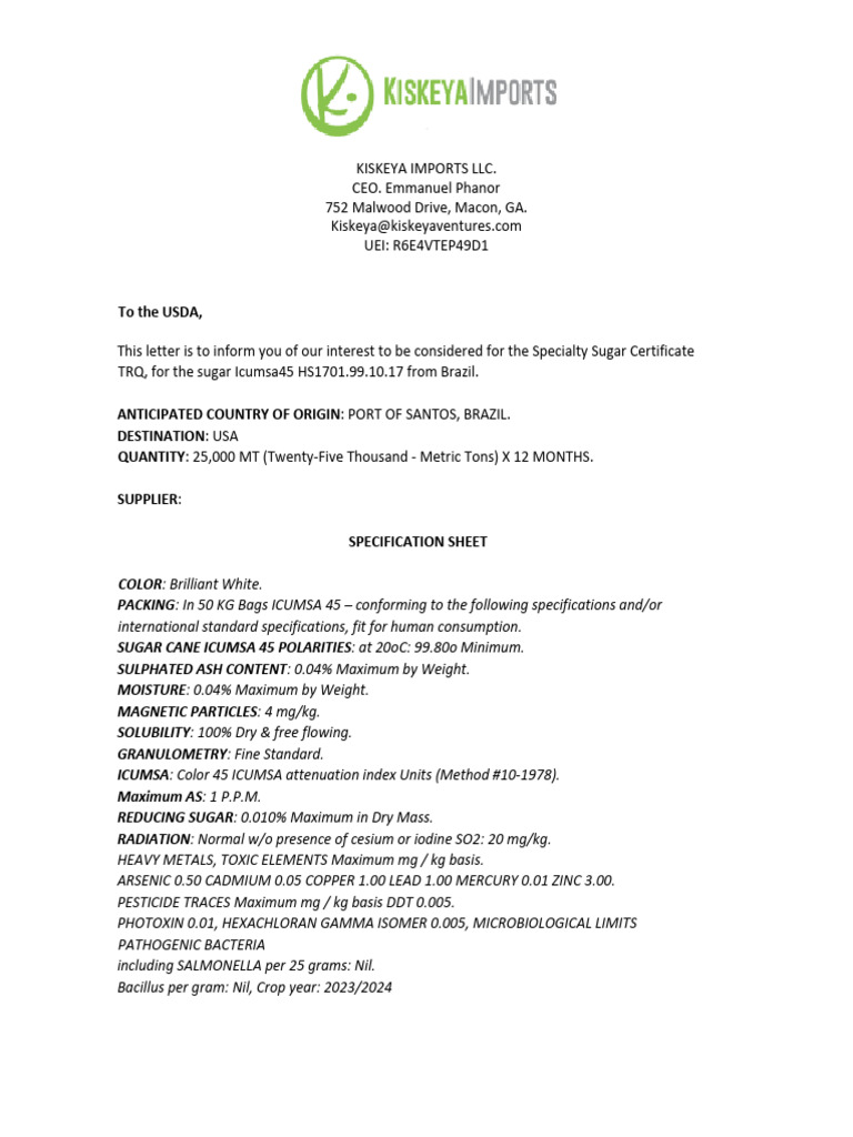 Specialty Sugar TRQ Application Details | PDF