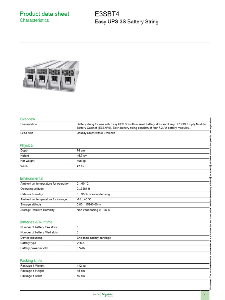 E3SBT4 Easy UPS Battery String Datasheet | PDF