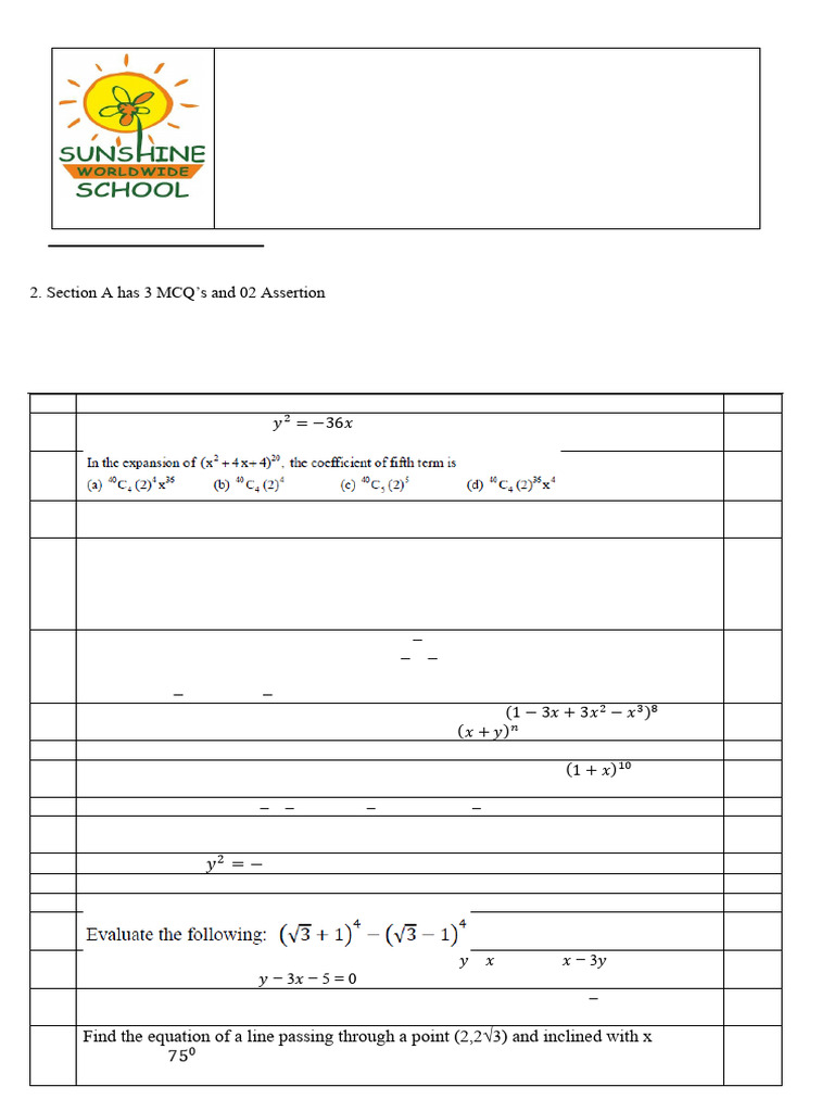 Class 11 Math Unit Test 2 Revision Paper | PDF | Ellipse | Differential ...