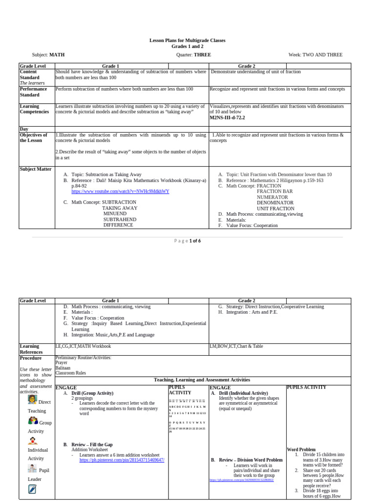 MG Lesson Plan Format | PDF | Subtraction | Learning