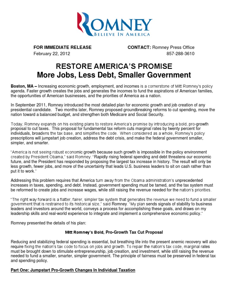 Fact Sheet - RESTORE AMERICA'S PROMISE | PDF | Mitt Romney | American ...