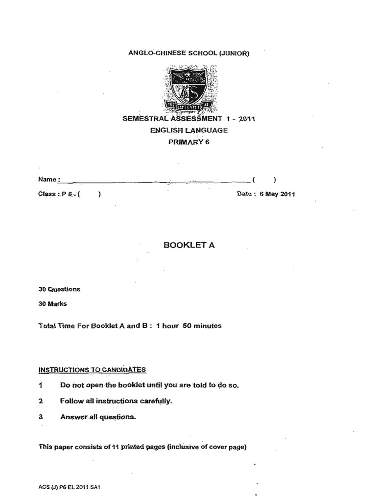 p6 English Sa1 2011 Acs | PDF