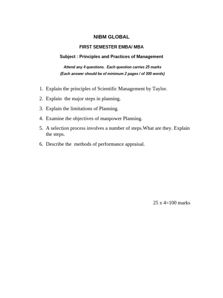 EMBA/MBA Management Principles Exam Guide | PDF
