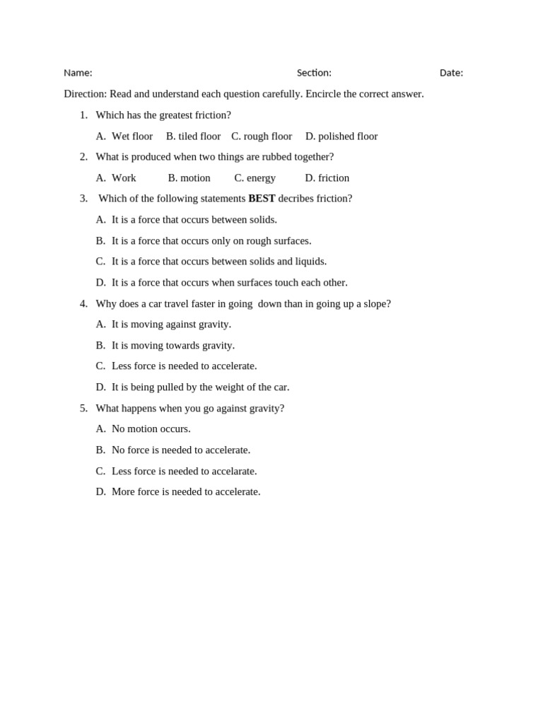 Understanding Friction and Forces Quiz | PDF