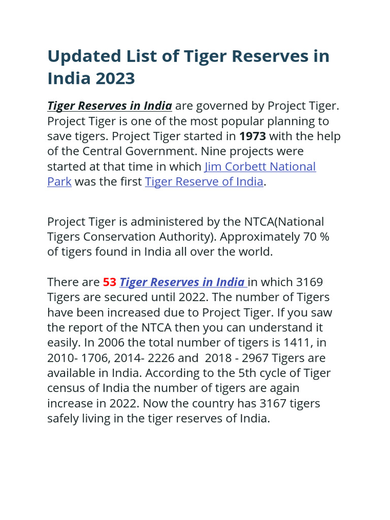 Tiger Reserves in India: 2023 Update | PDF | Environmental Protection ...