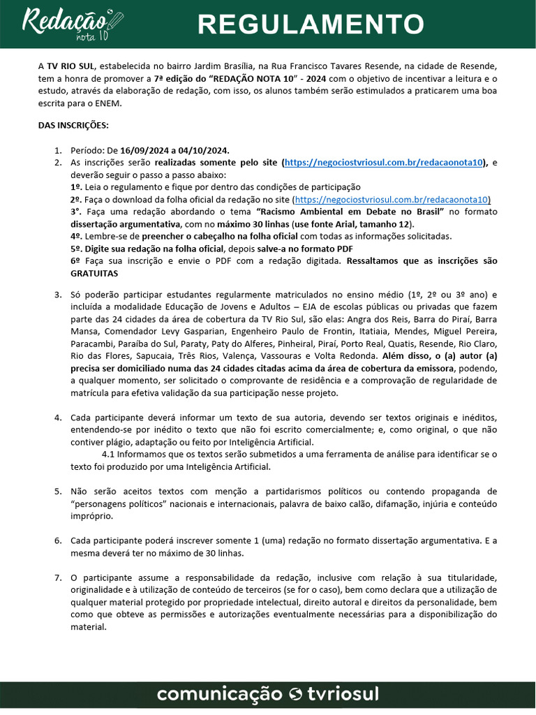 Concurso Redação Nota 10 - 2024 | PDF | Televisão | Direitos Autorais