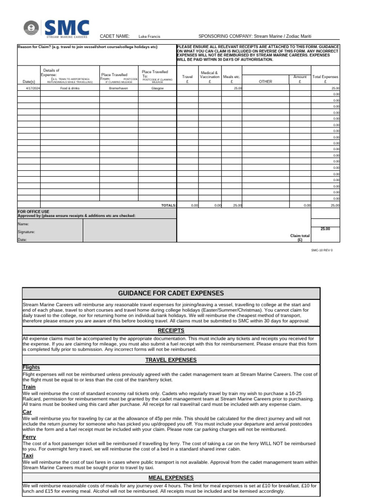 Cadet Expense Claim Form Guide | PDF | Meal | Ferry