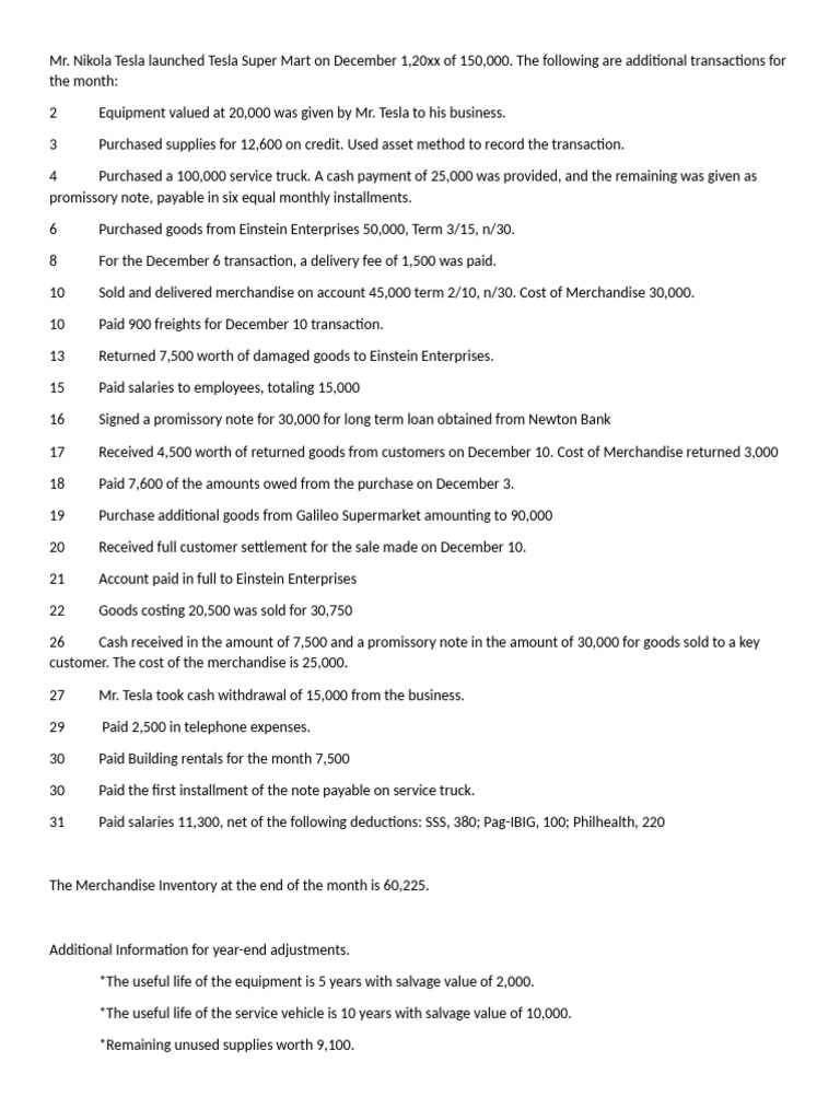 Tesla Supermart December Transactions | PDF | Depreciation | Expense