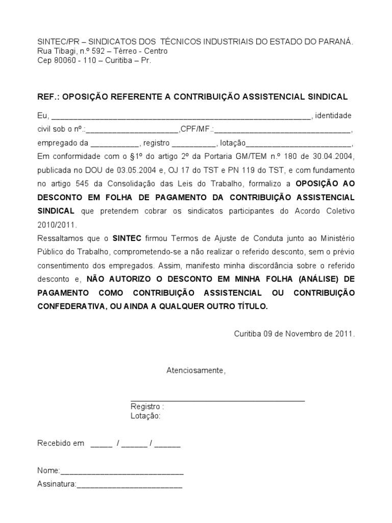 CARTA DE NÃO AUTORIZAÇÃO SINDICAL