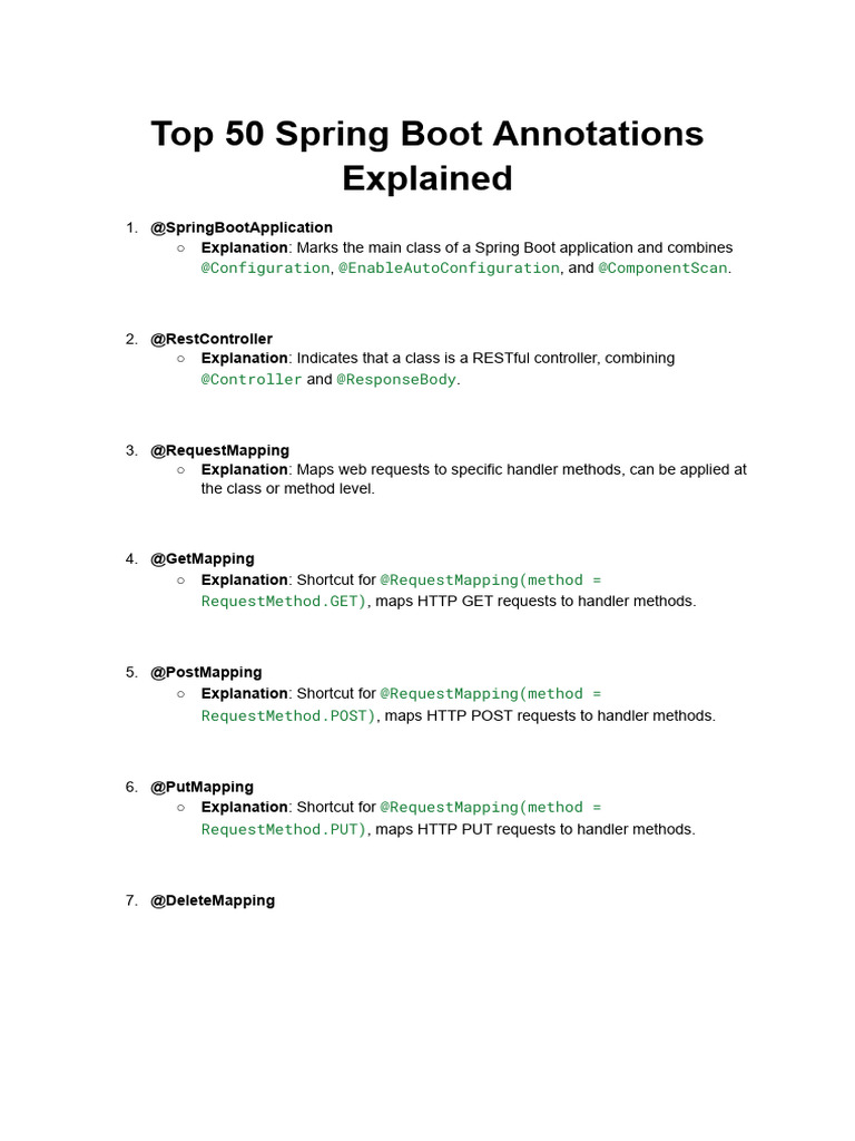 Top 50 Spring Boot Annotations Explained | PDF | Spring Framework ...