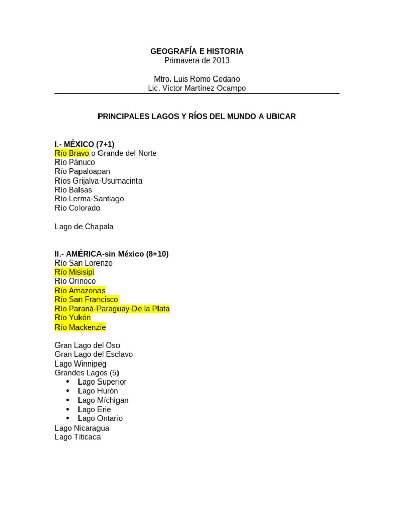 Principales Lagos y Ríos del Mundo | PDF