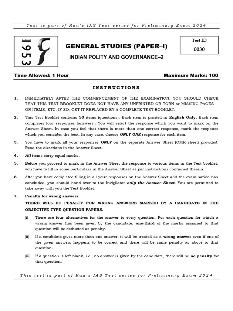 IAS Prelims 2024: Indian Polity Test 2 | PDF | Ex Post Facto Law | Crimes