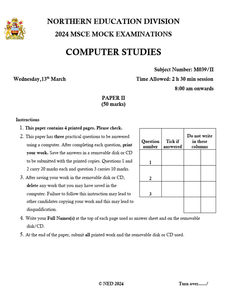 2024 MSCE Computer Studies Mock Exam | PDF | Computing