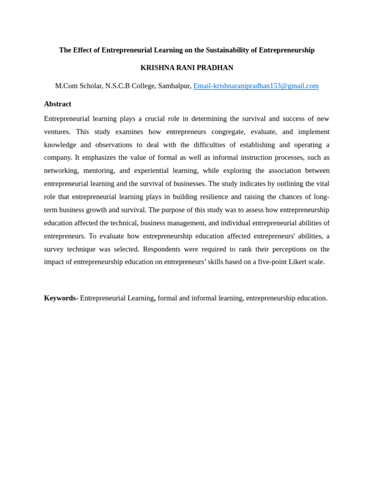Impact of Entrepreneurial Learning on Sustainability | PDF