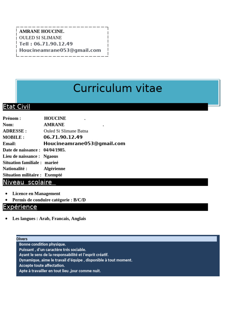 CV d'Amrane Houcine, Ouled Si Slimane | PDF