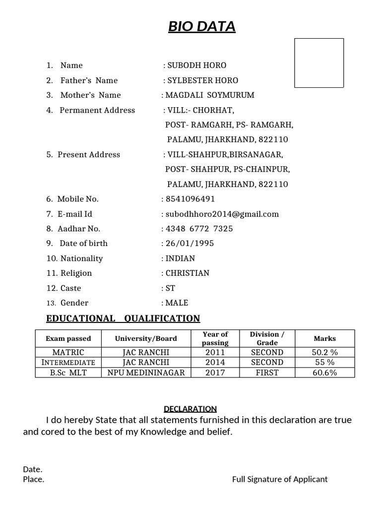 Subodh Horo Bio Data Summary | PDF