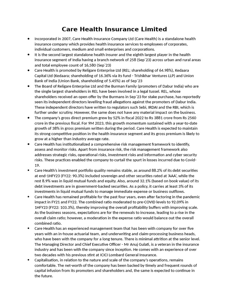 Note - Care Health Insurance Limited | PDF | Insurance | Investing