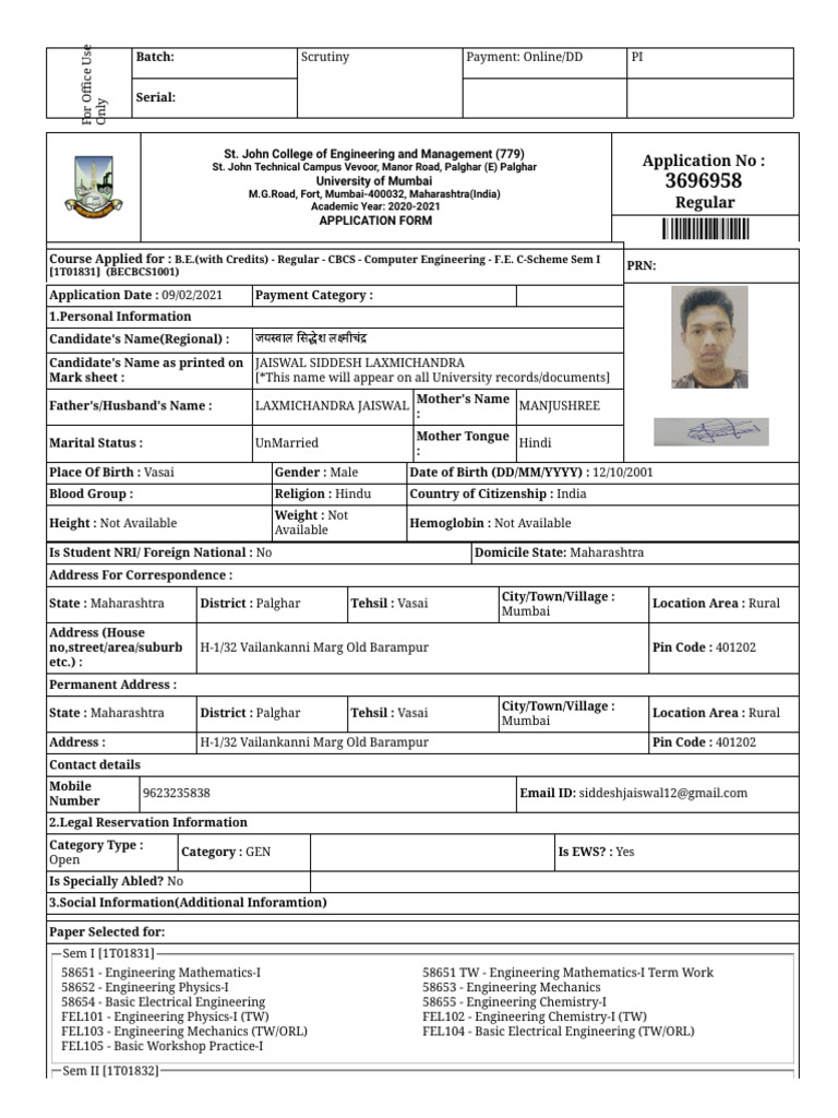 Engineering Admission Application Form | PDF