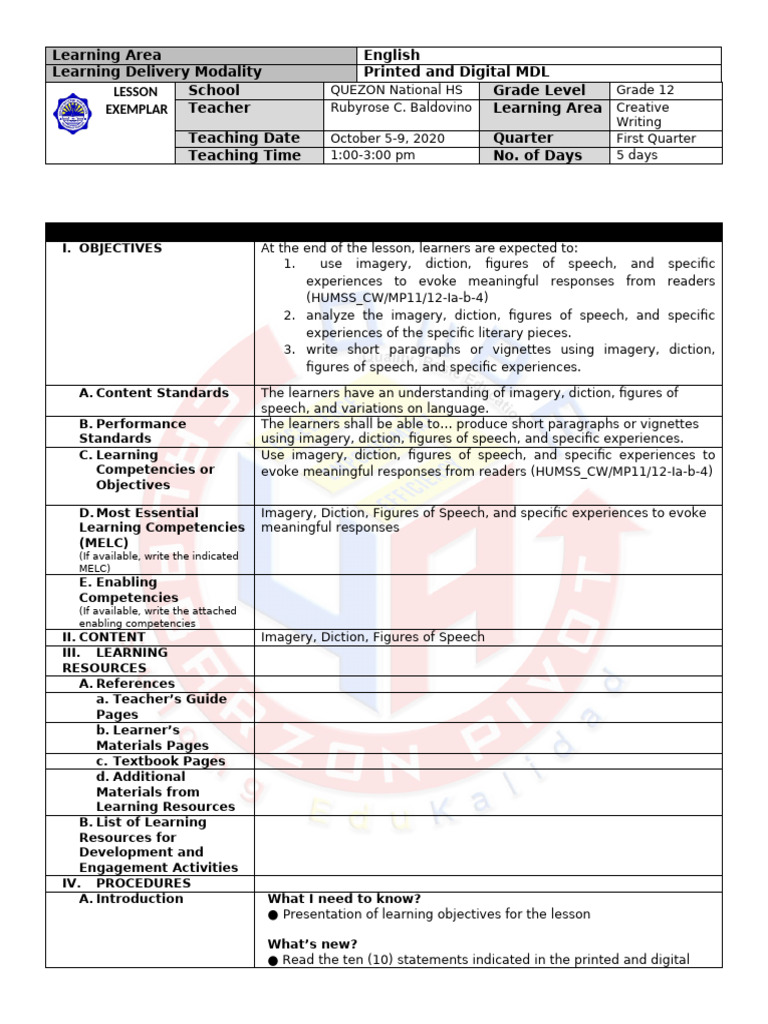 Creative Writing Lesson Plan for Grade 12 | PDF | Learning | Genre