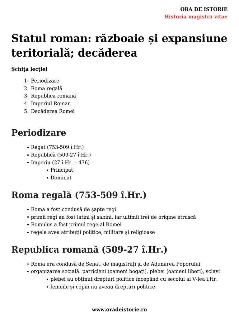 Statul Roman Razboaie Si Expansiune Teritoriala Decaderea | PDF