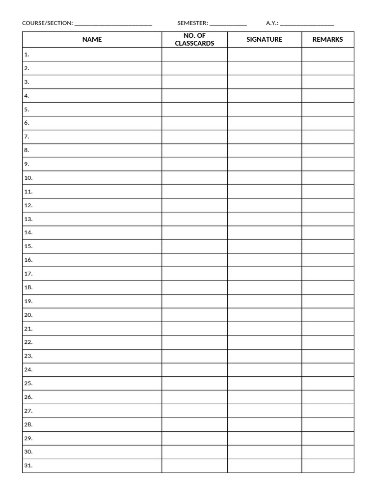 Class Card Record Template | PDF