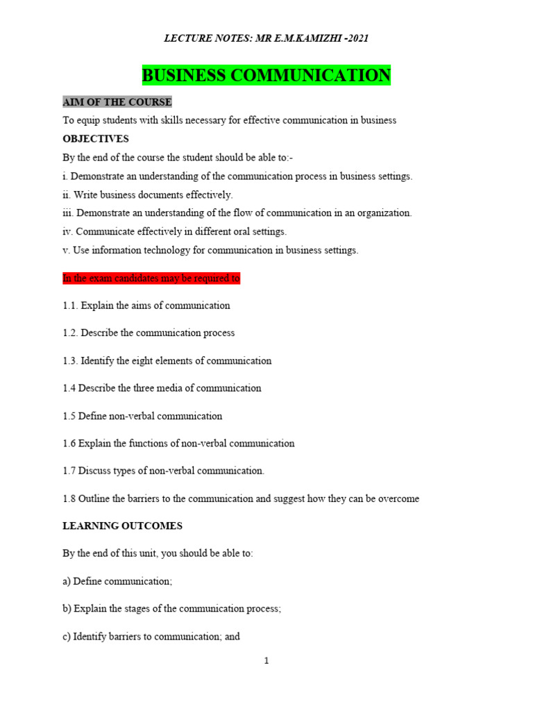 Business Communication Course Overview | PDF | Nonverbal Communication ...