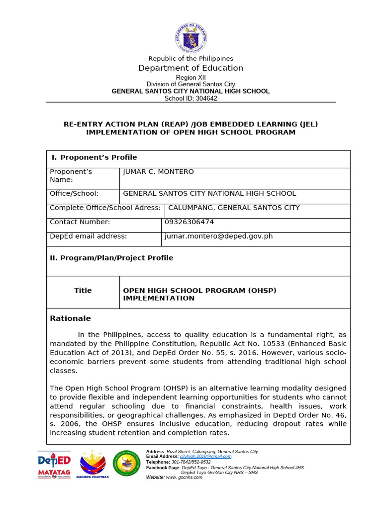 Open High School Action Plan Or Reap Or Jel Or Impact Project Template