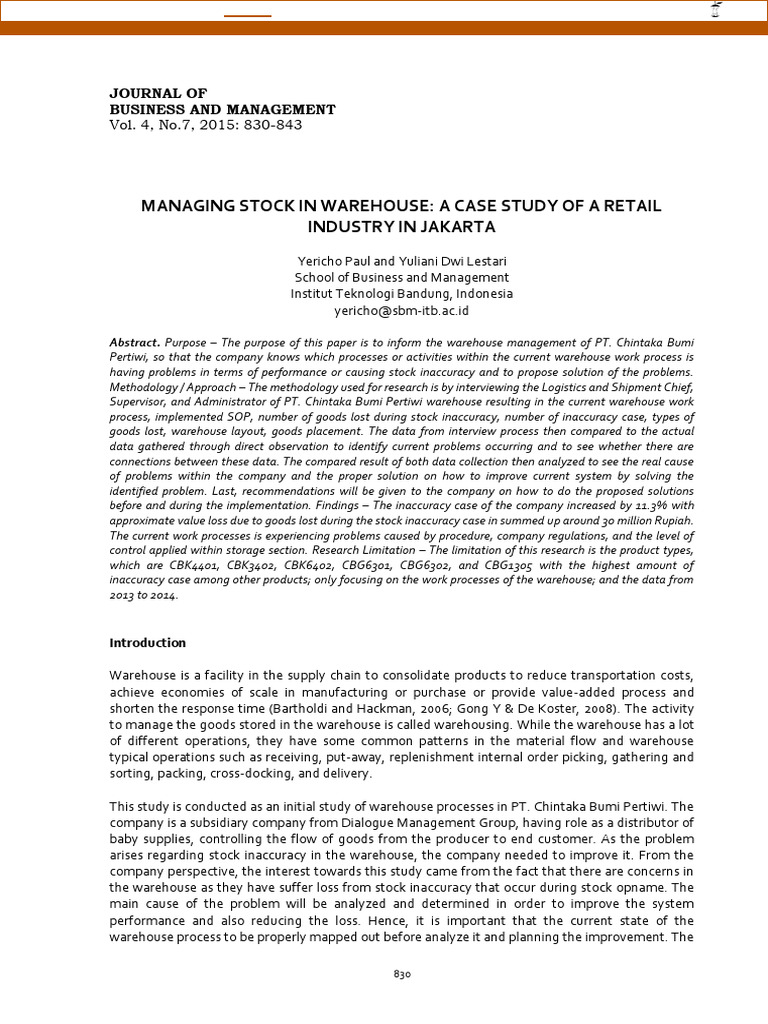 Managing Stock in Warehouse- A Case Study of a Retail in Jakarta | PDF ...