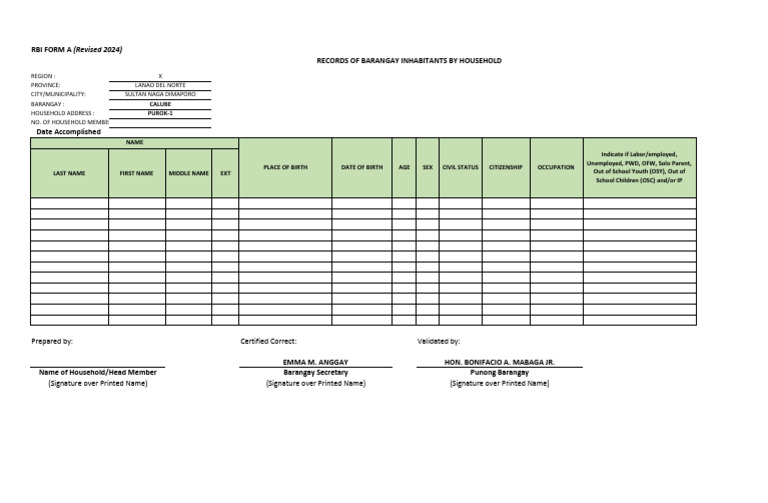 Barangay Household Record Form 2024 | PDF | Government | Justice