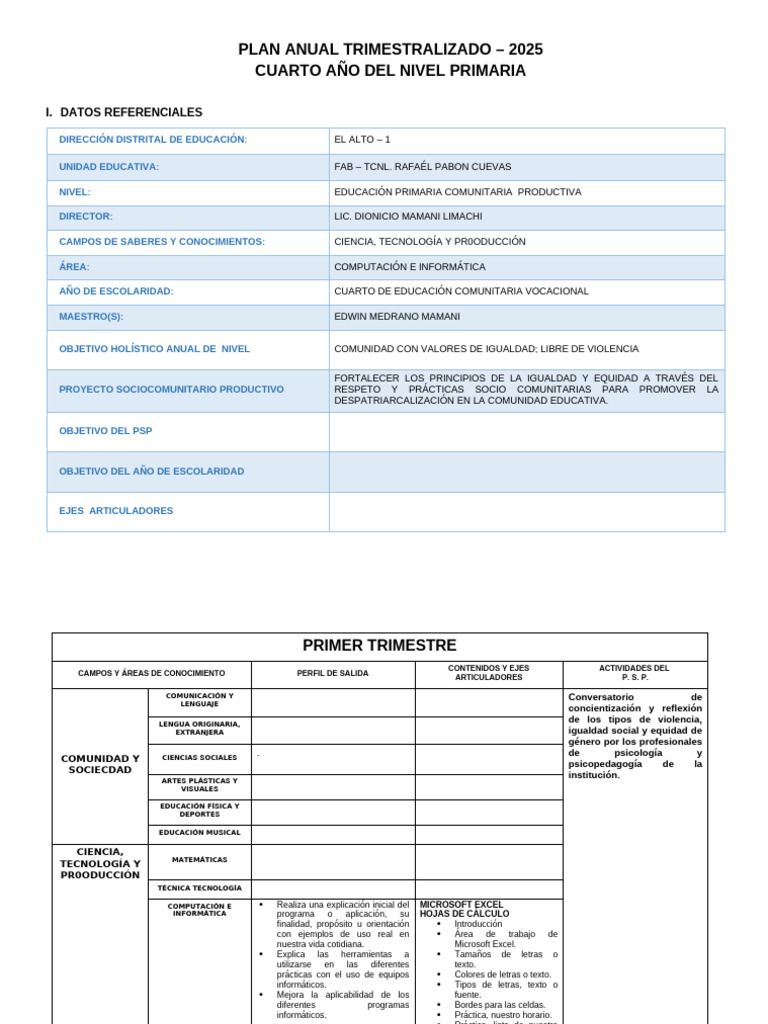 Plan Anual Educativo 2025: Cuarto Primaria | PDF | Informática ...