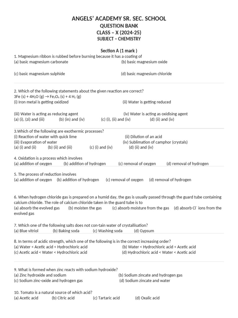 Class X Chemistry Question Bank 2024-25 | PDF | Chemical Reactions ...