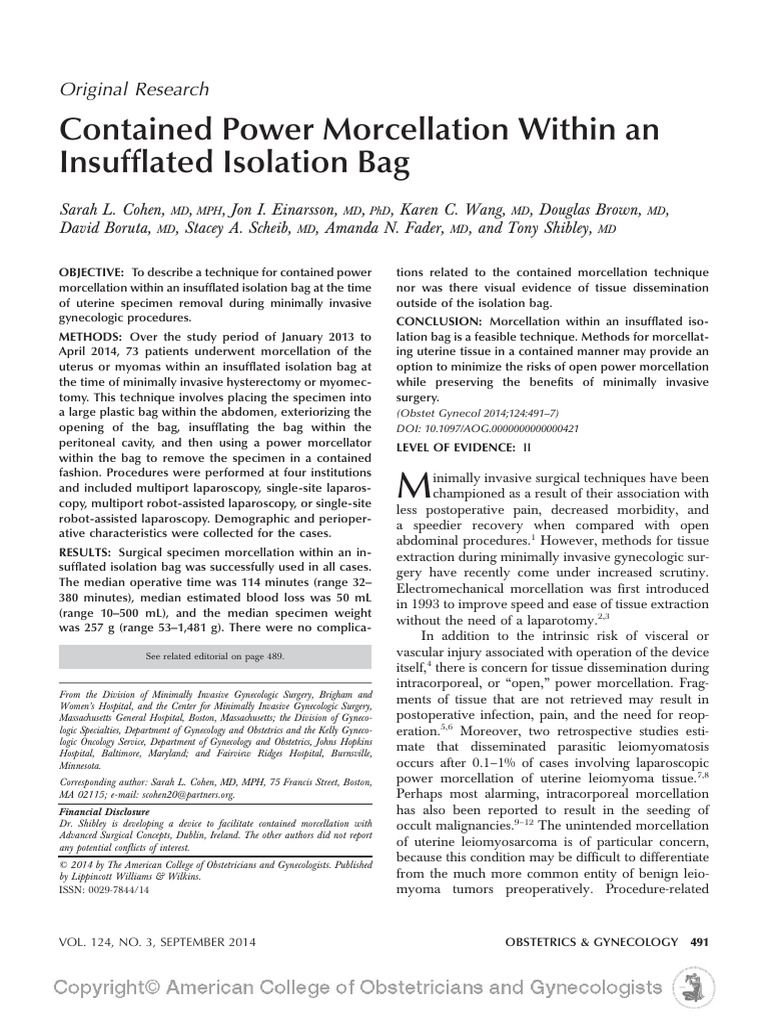 Contained Power Morcellation Within An Insufflated Isolation Bag | PDF ...