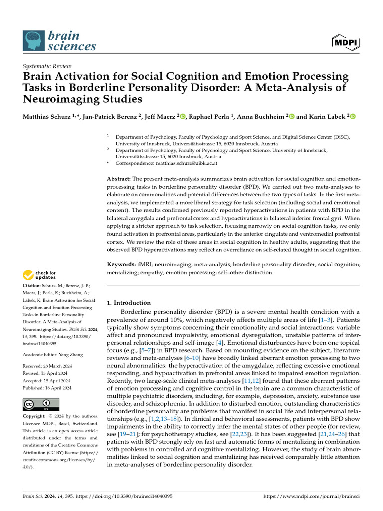 Brainsci 14 00395 v2 | PDF | Mental Disorder | Borderline Personality ...